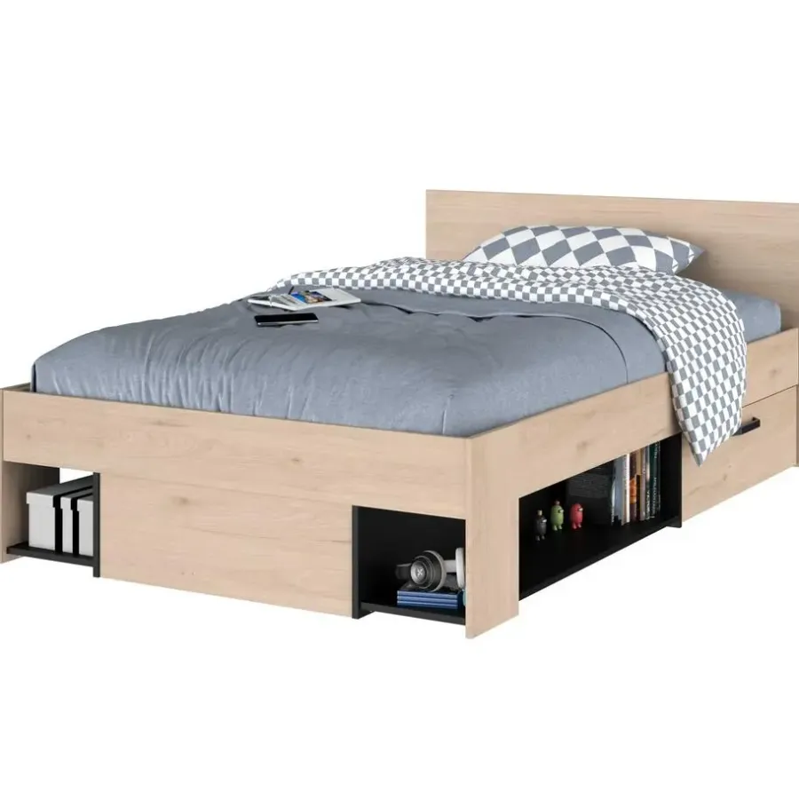 Kinderbedden-Parisot Kinderbed Achiel - 120x200/190cm - met opbergruimte - eikdecor/zwart