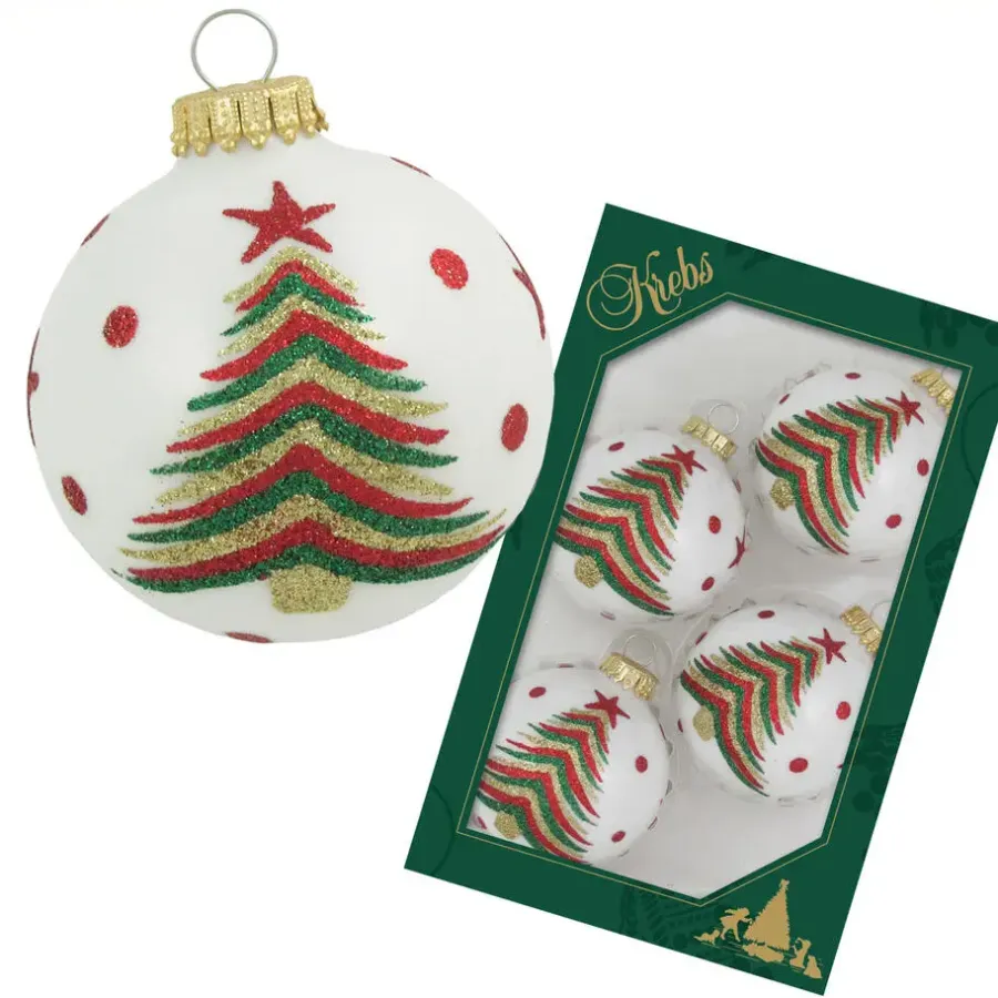 Kerstballen-Krebs kerstballen - 4x stuks - wit met kerstboom - glas - 7 cm