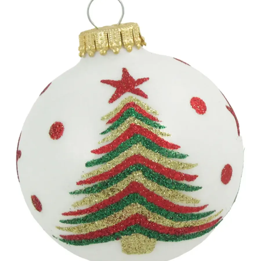 Kerstballen-Krebs kerstballen - 4x stuks - wit met kerstboom - glas - 7 cm