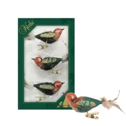 Kerstdecoratie-Krebs Vogels - decoratief glas - 3x - op clip - groen-bruin - 11 cm