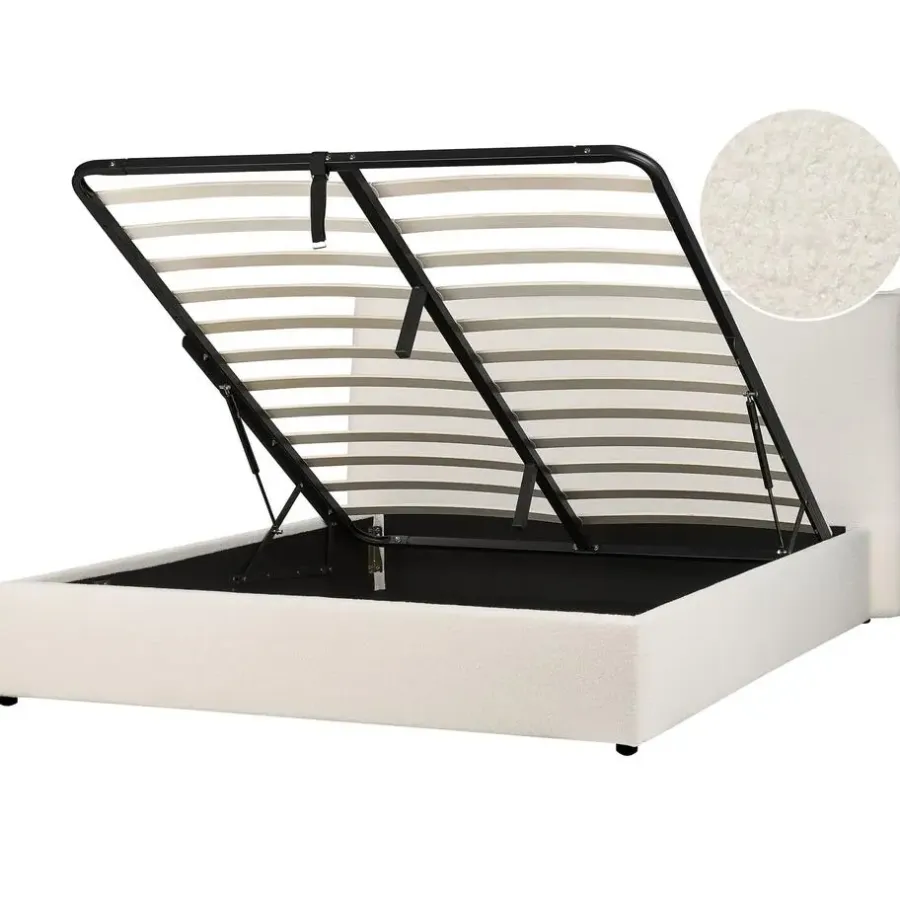 2-Persoons Bedden-Beliani LAVAUR - Bed met opbergruimte - Off-white - 160 x 200 cm - Bouclé