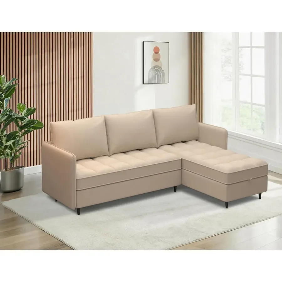 Slaapbanken|Slaapbanken-Dorel Home Lindhus - Bank met chaise longue omkeerbaar in stof crème