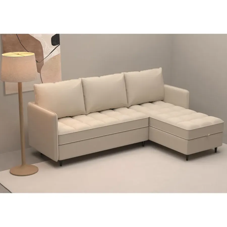 Slaapbanken|Slaapbanken-Dorel Home Lindhus - Bank met chaise longue omkeerbaar in stof crème