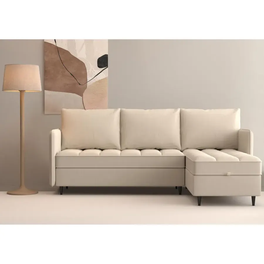 Slaapbanken|Slaapbanken-Dorel Home Lindhus - Bank met chaise longue omkeerbaar in stof crème