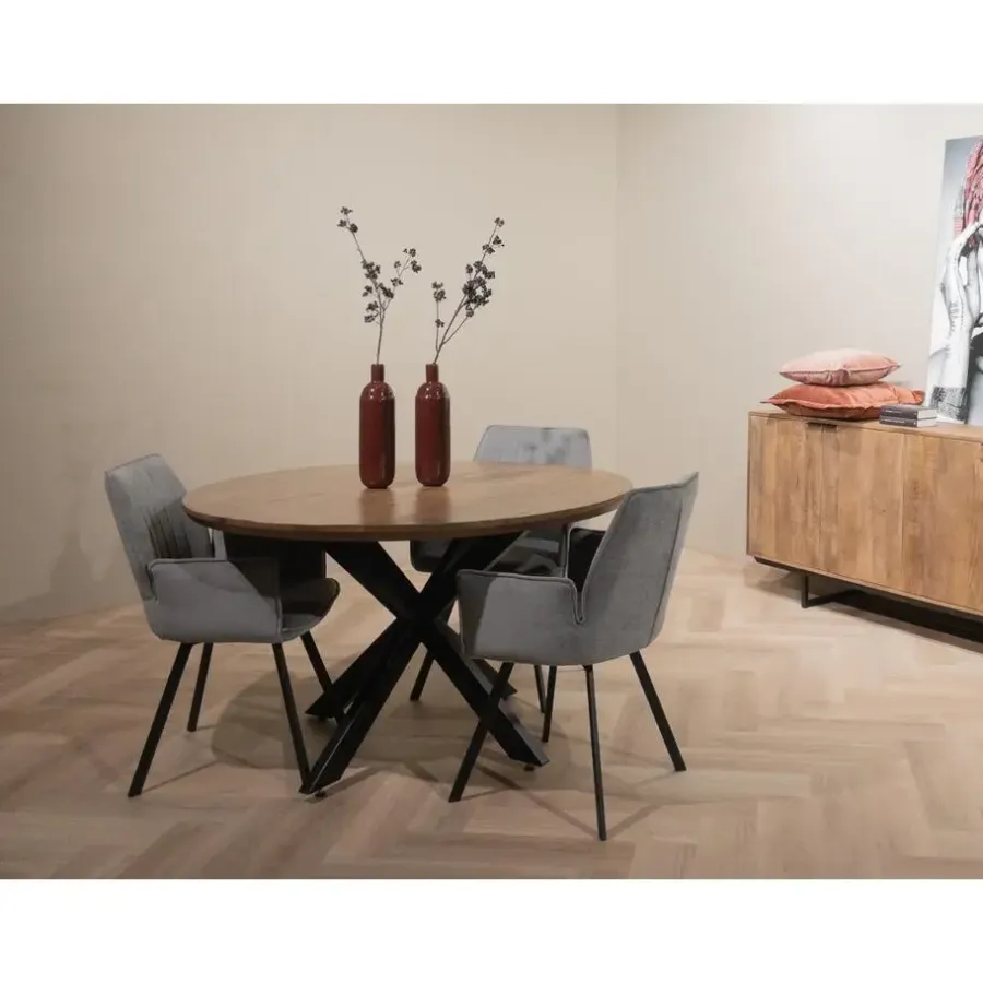 Houten Eettafels|Ronde Eettafels-Livingfurn - Eetkamertafel Jesper Round 130cm - Mangohout / Gecoat Staal