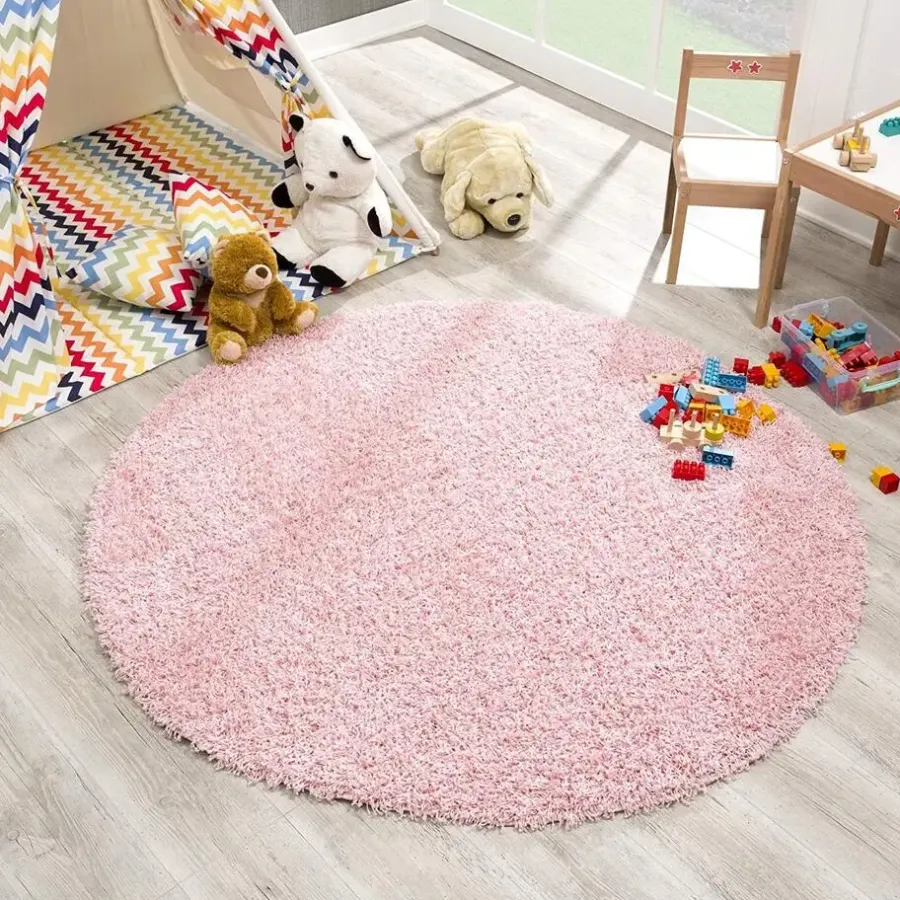 Muratap Loca Shaggy Rond Vloerkleed Licht Roze Hoogpolig - 120 CM ROND