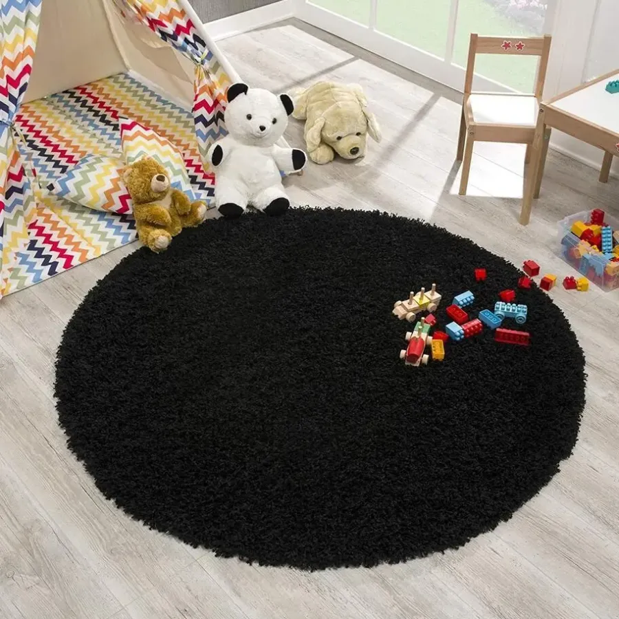 Hoogpolige Vloerkleden|Ronde Vloerkleden-Muratap Loca Shaggy Rond Vloerkleed Zwart Hoogpolig - 120 CM ROND