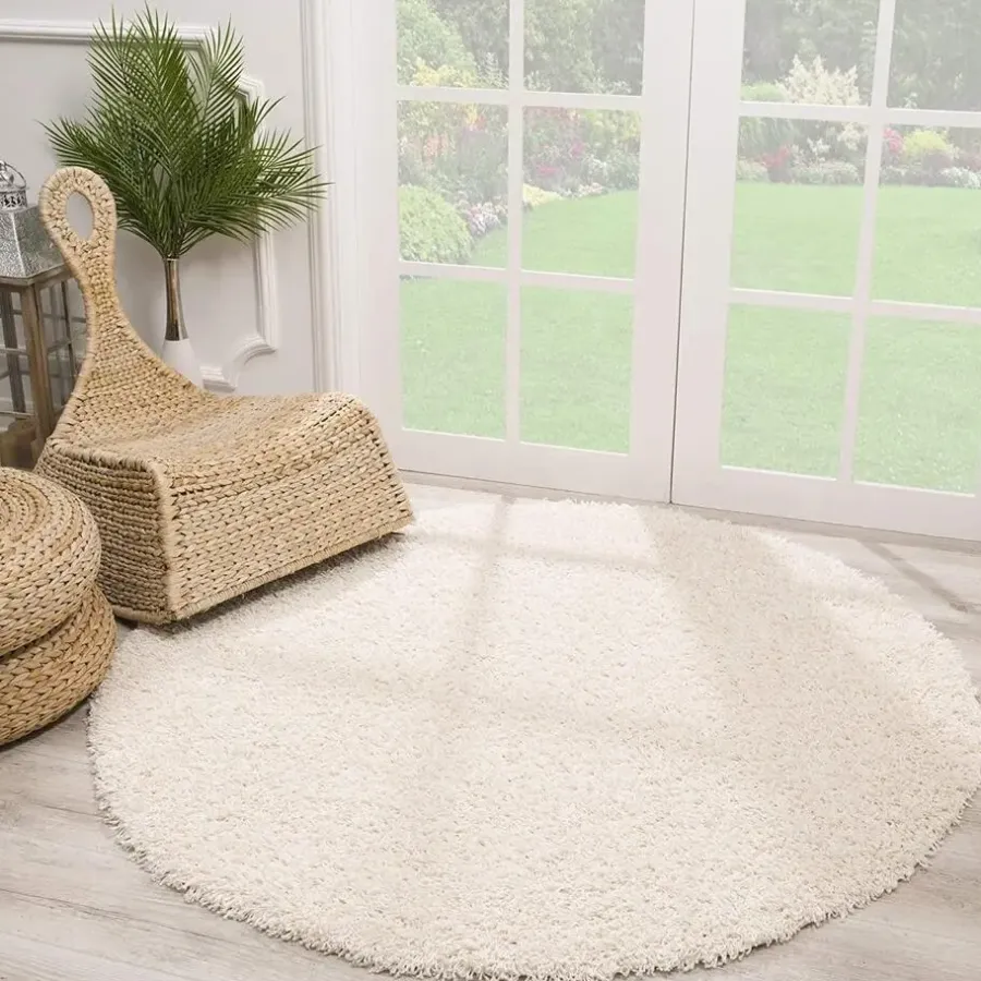Vloerkleden|Hoogpolige Vloerkleden-Muratap Loca Shaggy Rond Vloerkleed Creme Hoogpolig - 150 CM ROND
