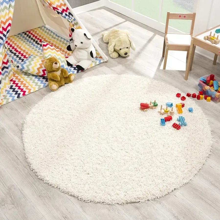 Vloerkleden|Hoogpolige Vloerkleden-Muratap Loca Shaggy Rond Vloerkleed Creme Hoogpolig - 200 CM ROND