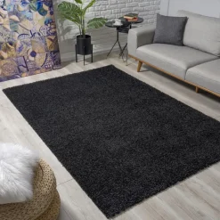Muratap Loca Shaggy Vloerkleed – Modern Uni Effen – Zwart Hoogpolig & Zacht - 200x290 CM