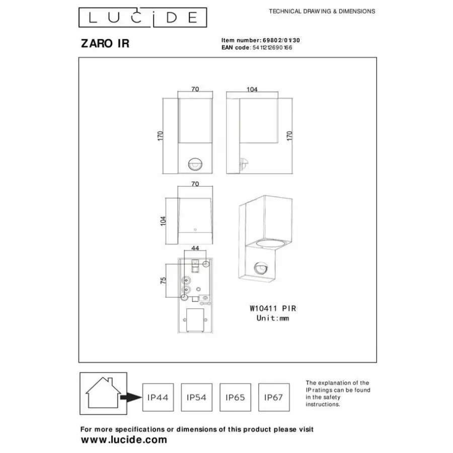 Lucide ZARO IR Wandspot - Zwart