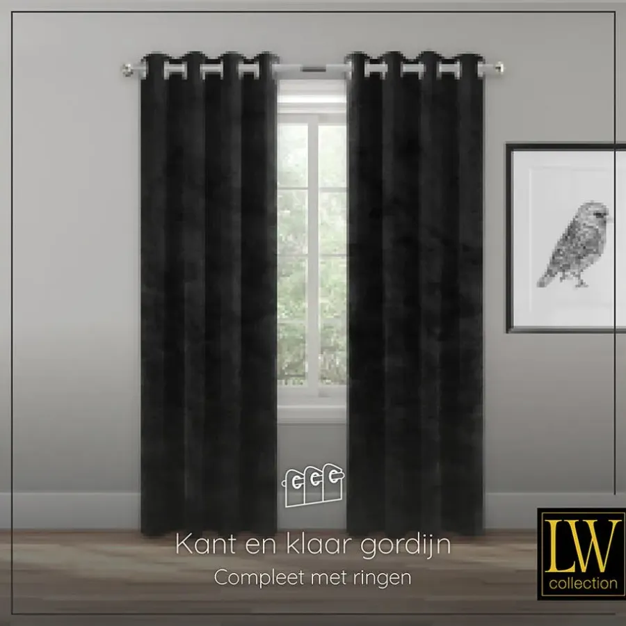 LW Collection Gordijnen Zwart 245x290cm Velvet Kant en klaar 1 stuk