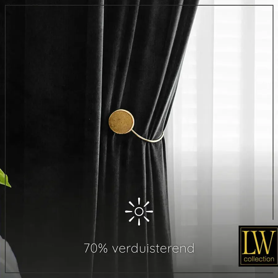 LW Collection Gordijnen Zwart 245x290cm Velvet Kant en klaar 1 stuk
