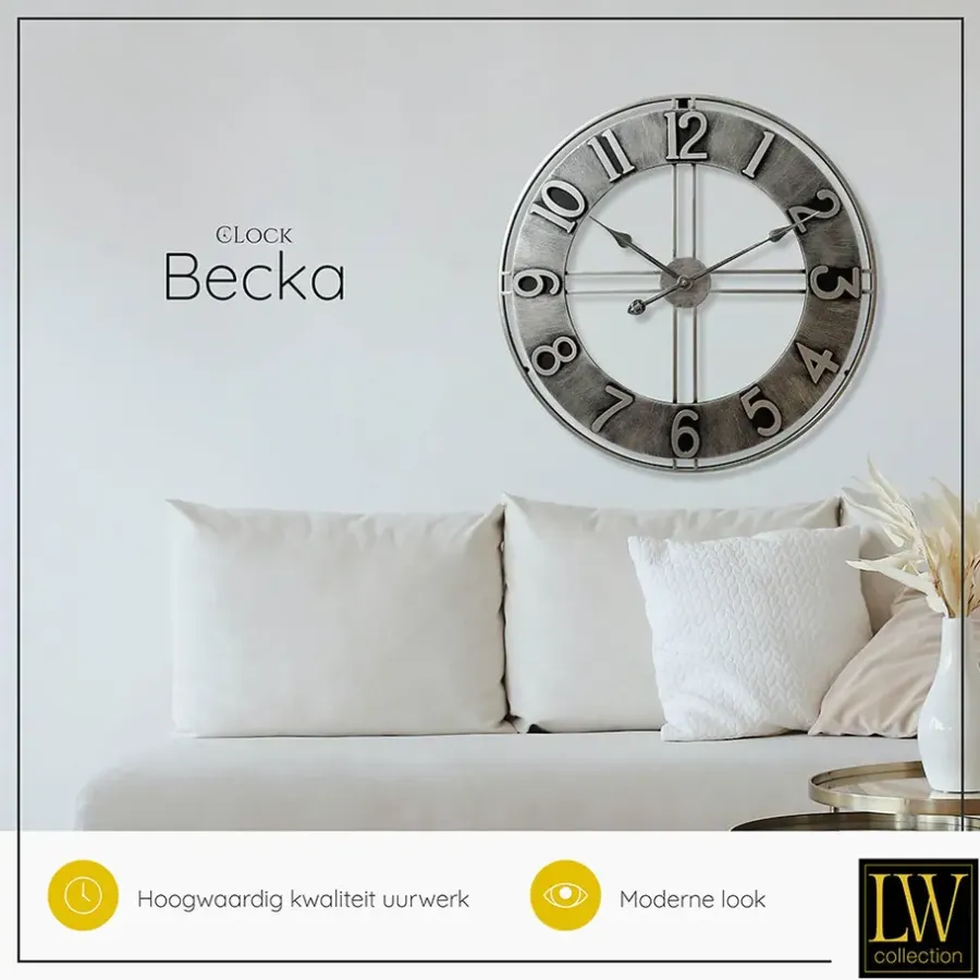 Klokken-LW Collection Wandklok Becka grijs zilver 80cm