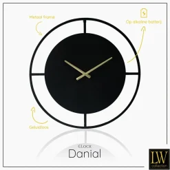 LW Collection Wandklok Danial zwart goud 60cm