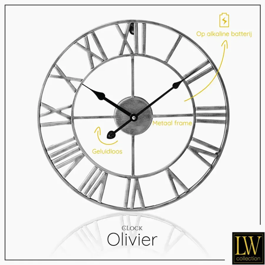Klokken-LW Collection Wandklok Olivier zilver 40cm
