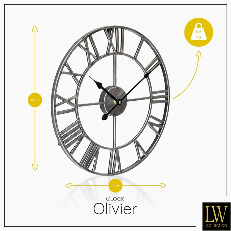 Klokken-LW Collection Wandklok Olivier zilver 40cm