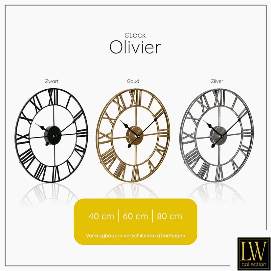 Klokken-LW Collection Wandklok Olivier zilver 40cm