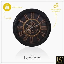 Klokken-LW Collection Wandklok radar Leonore Zwart 52cm bewegende tandwielen