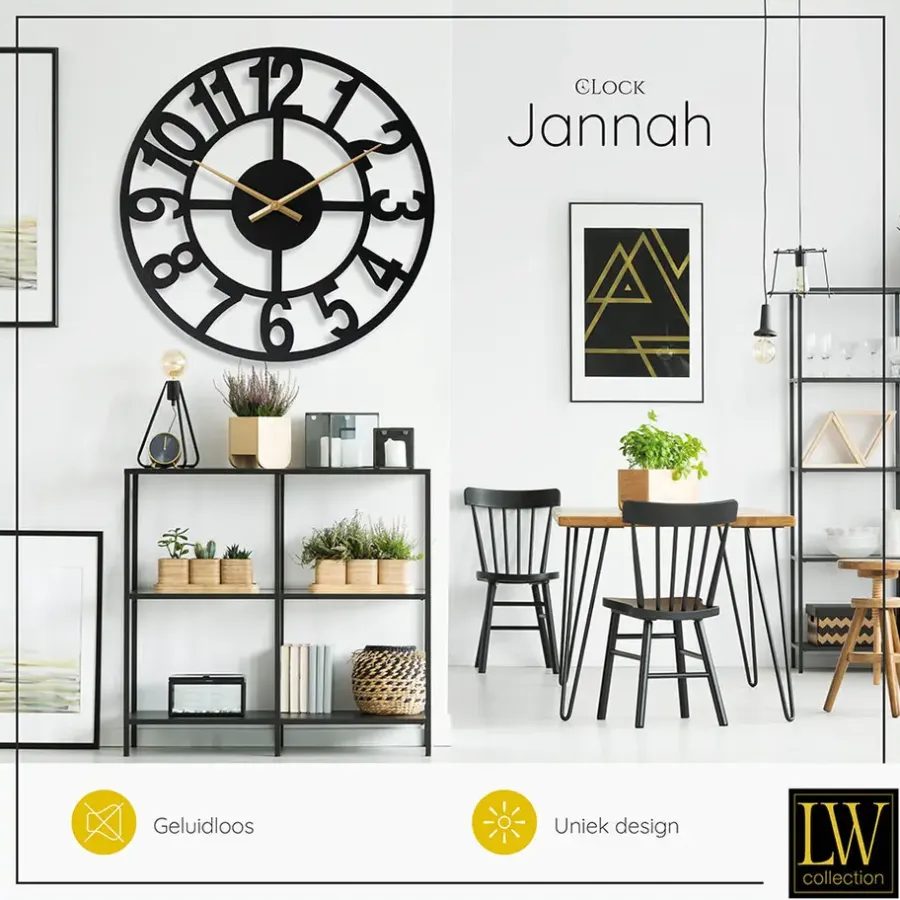 LW Collection Wandklok XL Jannah zwart met gouden wijzers 80cm