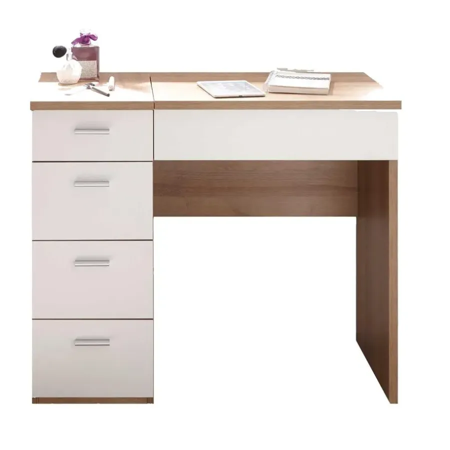 Kaptafels-Emob Make-uptafel Loïs 90cm 1 deur & 4 lades - lichte eikdecor/wit