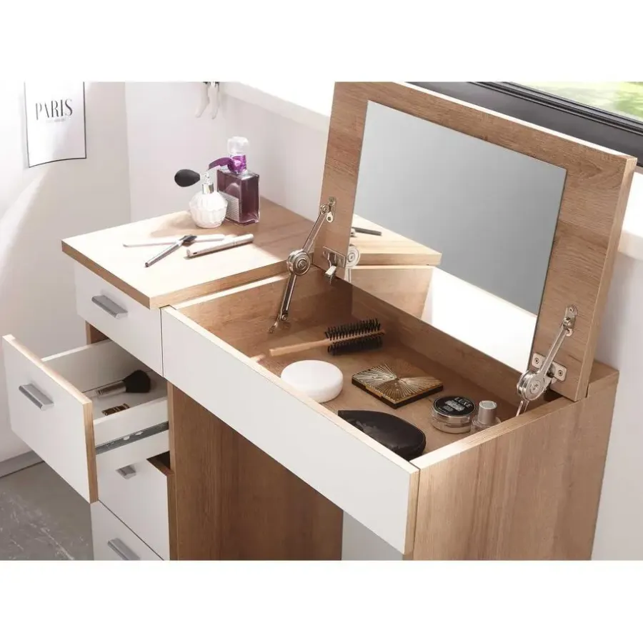 Kaptafels-Emob Make-uptafel Loïs 90cm 1 deur & 4 lades - lichte eikdecor/wit