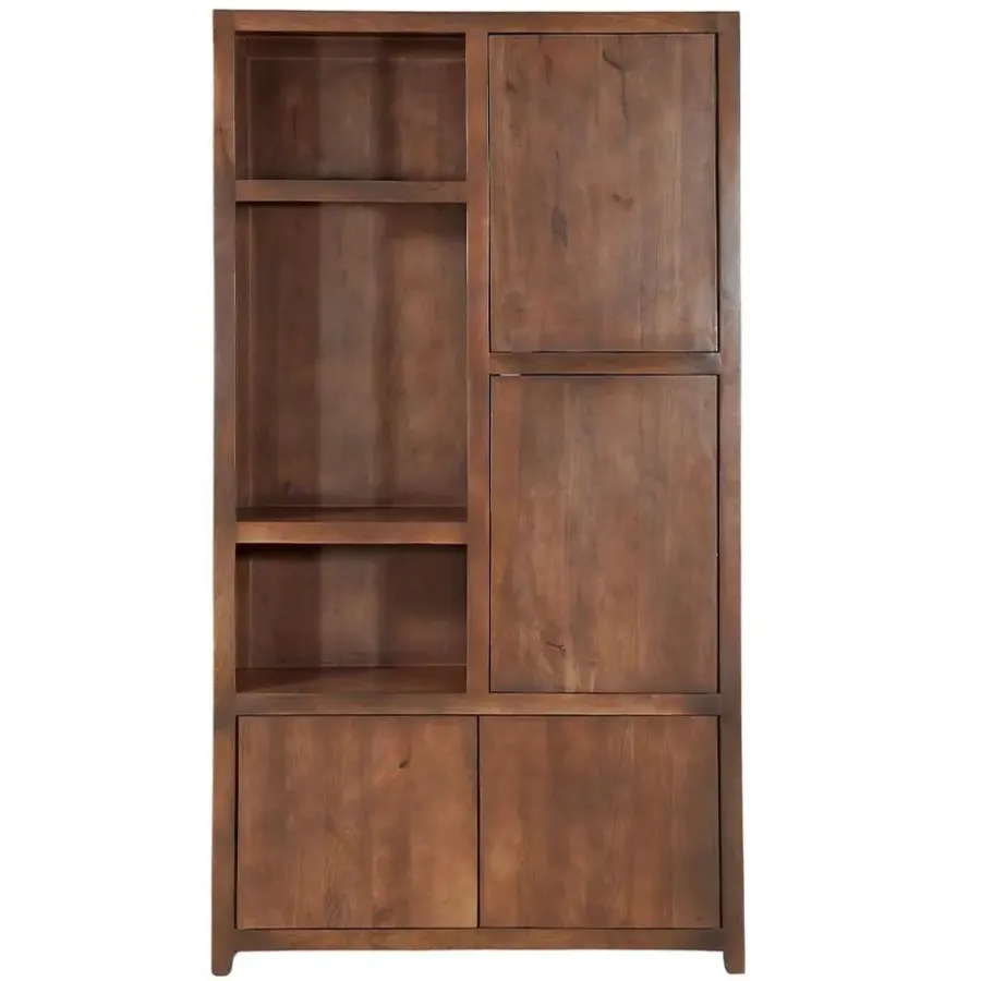 Wandkasten-Mangohoutonline - Wandkast Phoenix 120cm Walnoot 3 Open Vakken, 4 Deuren - Mahom