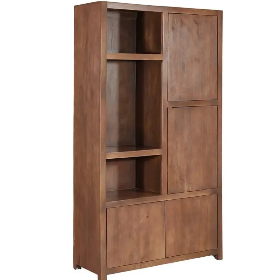 Wandkasten-Mangohoutonline - Wandkast Phoenix 120cm Walnoot 3 Open Vakken, 4 Deuren - Mahom