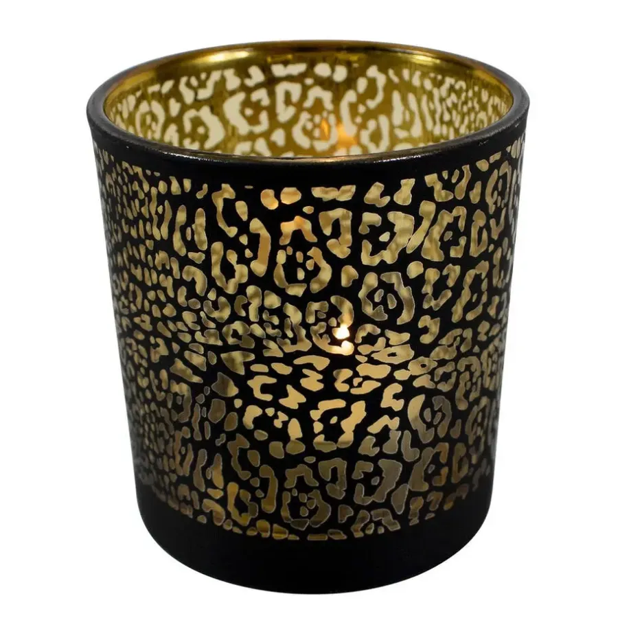 Kandelaars En Windlichten-Mars & More Waxinelichthouder - zwart - glas - jaguar print