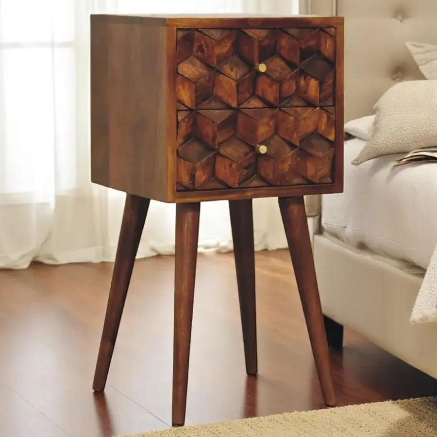 Nachtkastjes|Nachtkastjes-Artisan Furniture Massief Houten Eiken-achtige Kastanje Kubus Nachtkastje
