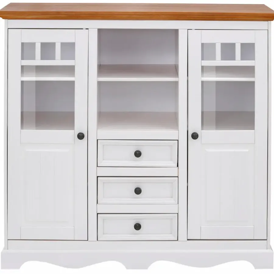 Buffetkasten-Loft24 Melissa - Kast met 2 glazen deuren en 3 laden in wit grenen