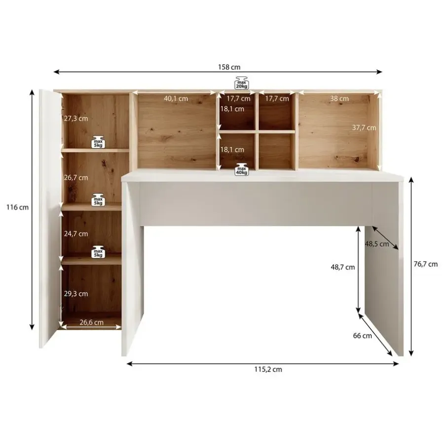 Meubella - Bureau Elze - Eiken - Wit - 158 cm