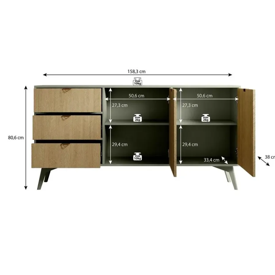 Meubella - Dressoir Essence - Groen - Licht eiken - 158 cm