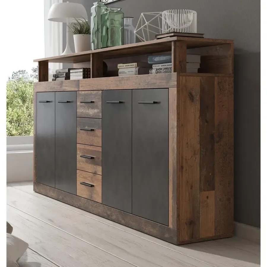 Meubella - Dressoir Lavina - Old wood - Antraciet - 190 cm