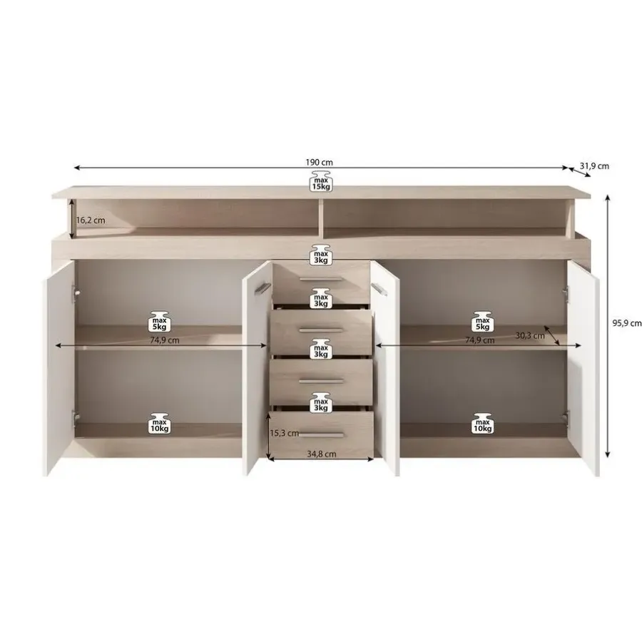 Meubella - Dressoir Lavina - Old wood - Antraciet - 190 cm