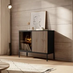 Dressoirs-Meubella - Dressoir Legend - Mat zwart - Eiken - 104 cm