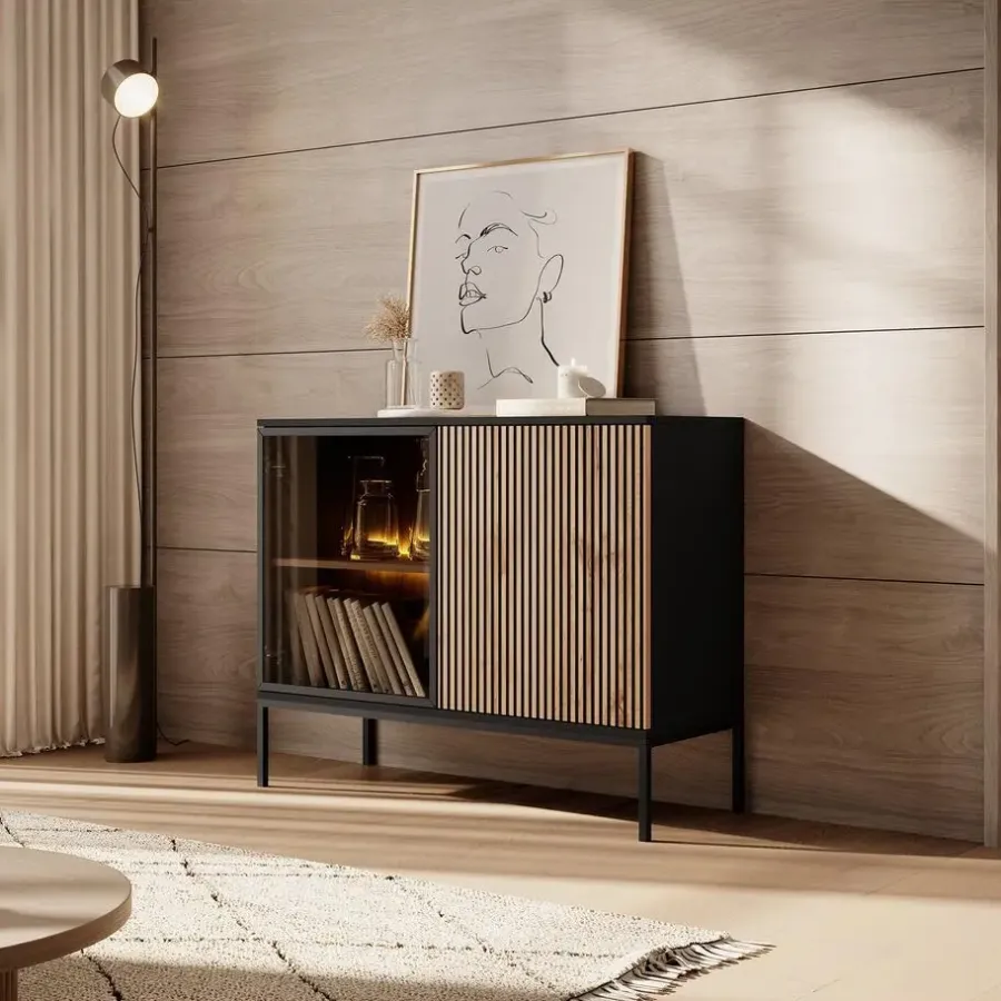 Dressoirs-Meubella - Dressoir Legend - Mat zwart - Eiken - 104 cm