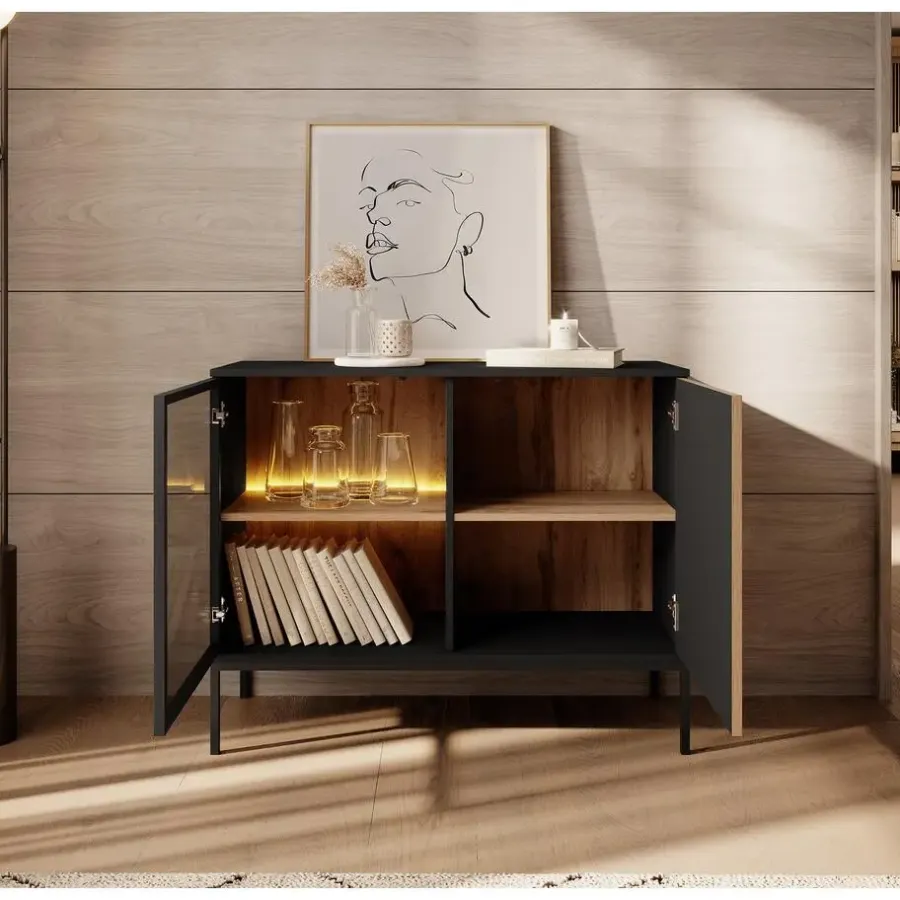 Dressoirs-Meubella - Dressoir Legend - Mat zwart - Eiken - 104 cm