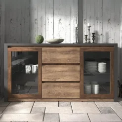 Meubella - Dressoir Monaco - Eiken - Grijs - 140 cm - Met glas