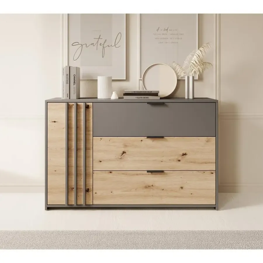 Meubella - Dressoir Roma - Grijs - Eiken - 125 cm