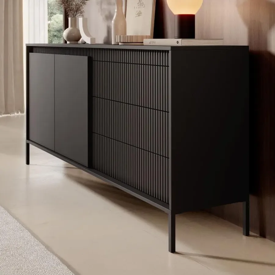 Dressoirs-Meubella - Dressoir Saran - Mat zwart - 187 cm