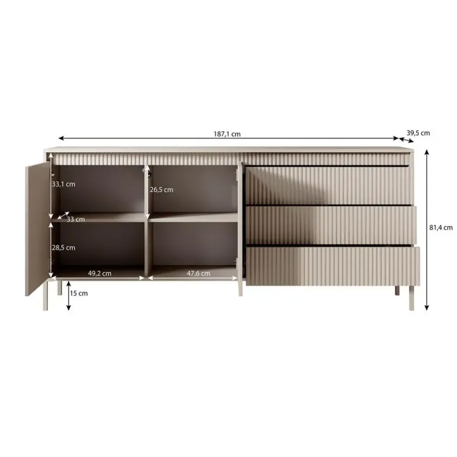 Dressoirs-Meubella - Dressoir Saran - Mat zwart - 187 cm