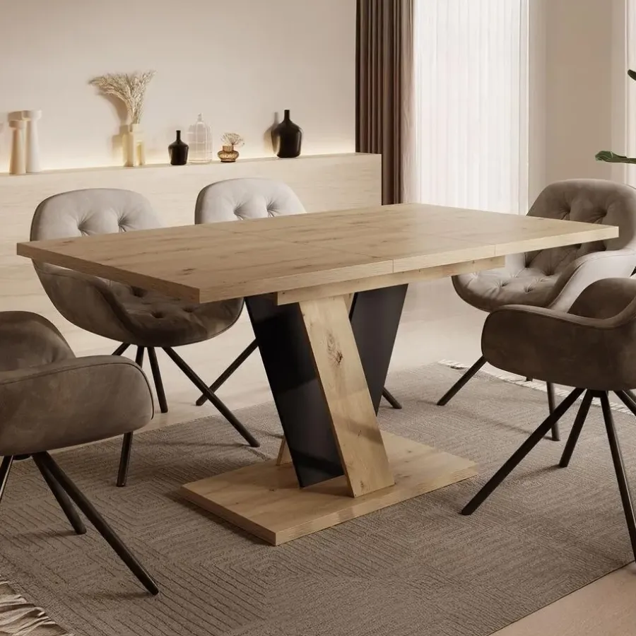 Meubella - Eetkamertafel Velluto - Eiken - Zwart - 160 cm - Uitschuifbaar