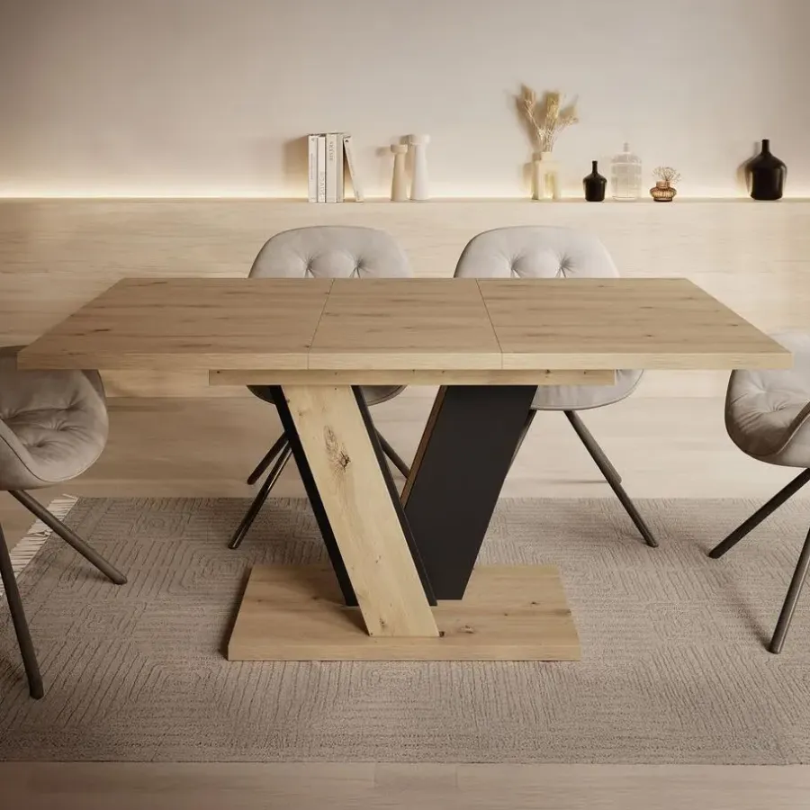 Meubella - Eetkamertafel Velluto - Eiken - Zwart - 160 cm - Uitschuifbaar