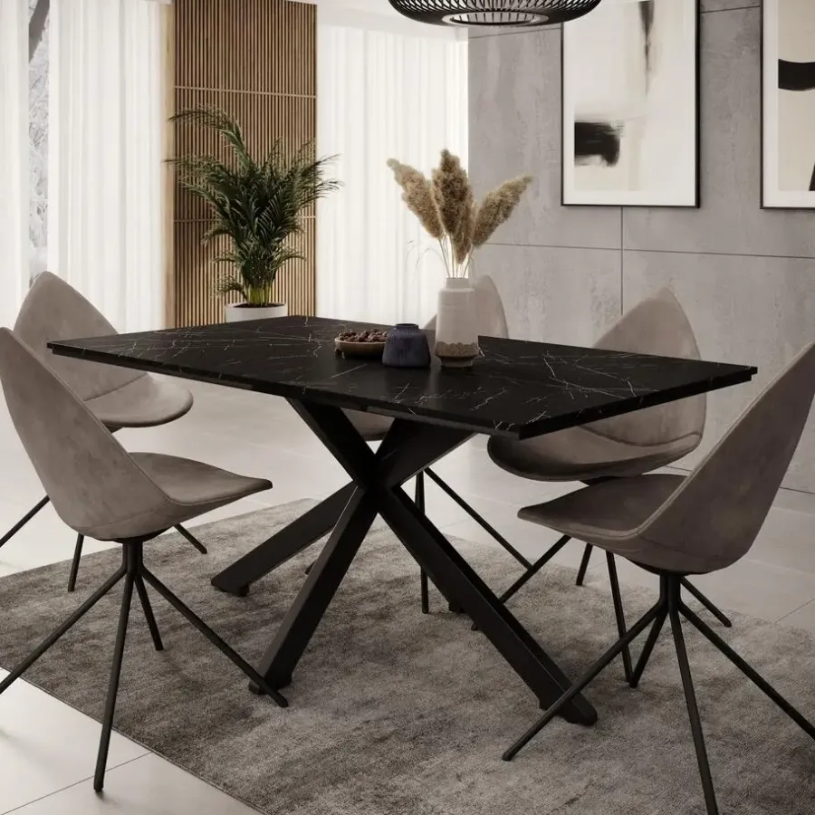 Industriële Eettafels-Meubella - Eetkamertafel Wabe - Zwart marmerlook - 160 cm