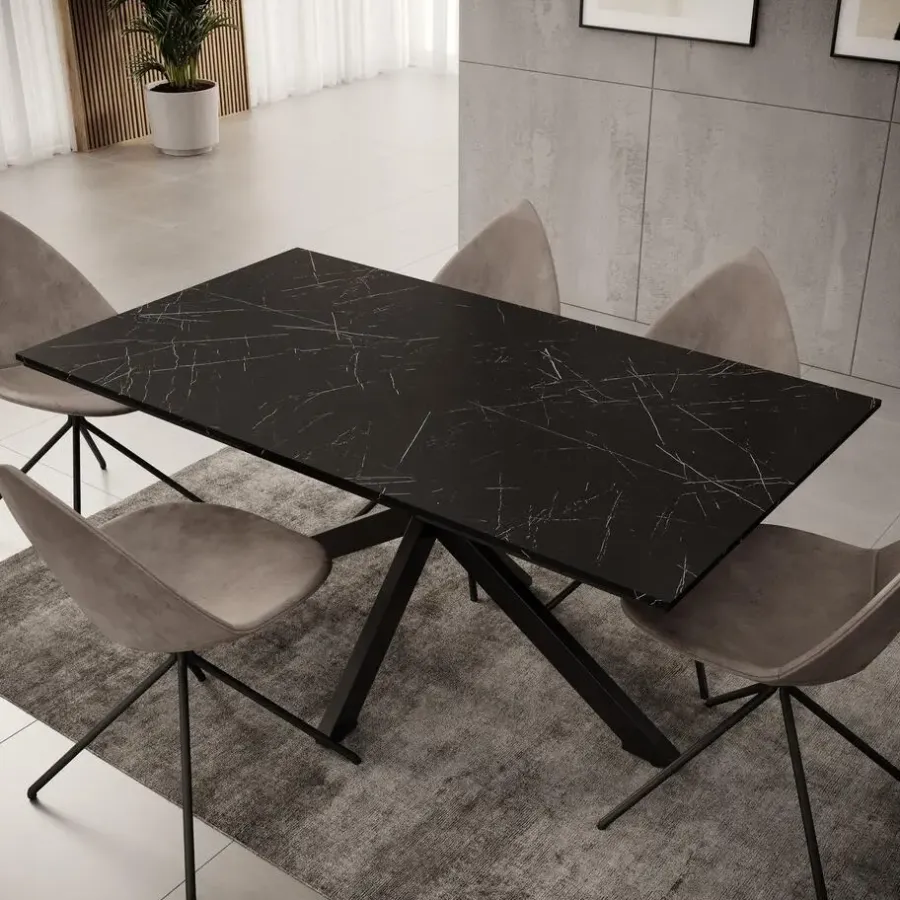 Industriële Eettafels-Meubella - Eetkamertafel Wabe - Zwart marmerlook - 160 cm