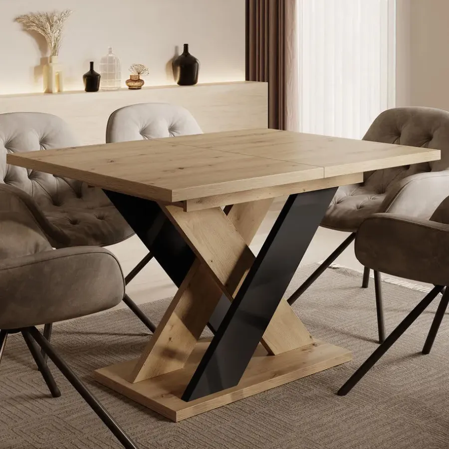 Meubella - Eetkamertafel Xandra - Eiken - Zwart - 160 cm - Uitschuifbaar