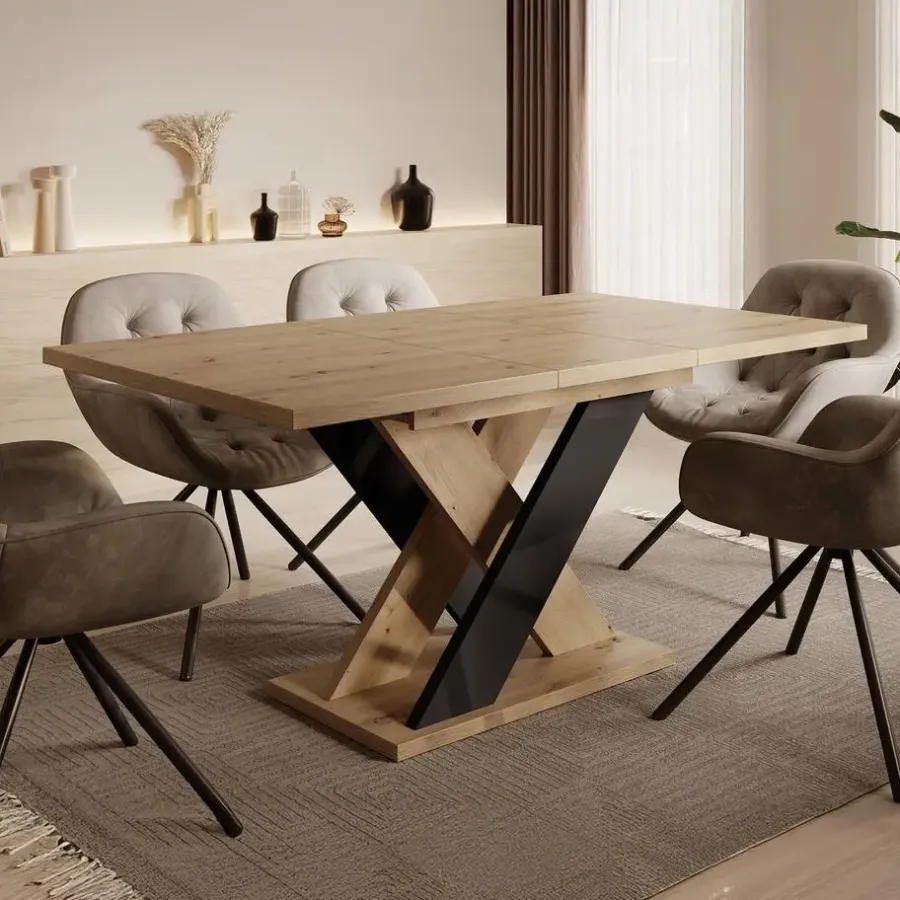 Meubella - Eetkamertafel Xandra - Eiken - Zwart - 160 cm - Uitschuifbaar