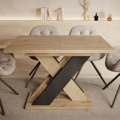 Meubella - Eetkamertafel Xandra - Eiken - Zwart - 160 cm - Uitschuifbaar