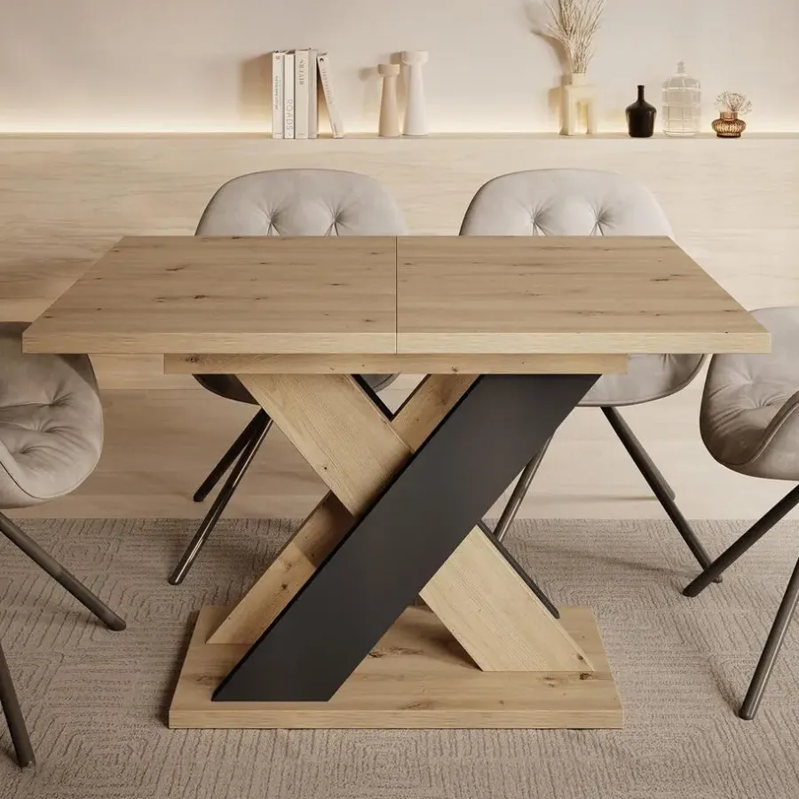 Meubella - Eetkamertafel Xandra - Eiken - Zwart - 160 cm - Uitschuifbaar